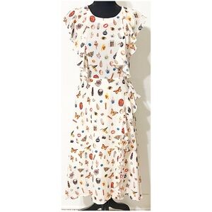 No Label Silk Elegant Cream Printed Midi Dress Skull Butterfly’s Ballerina